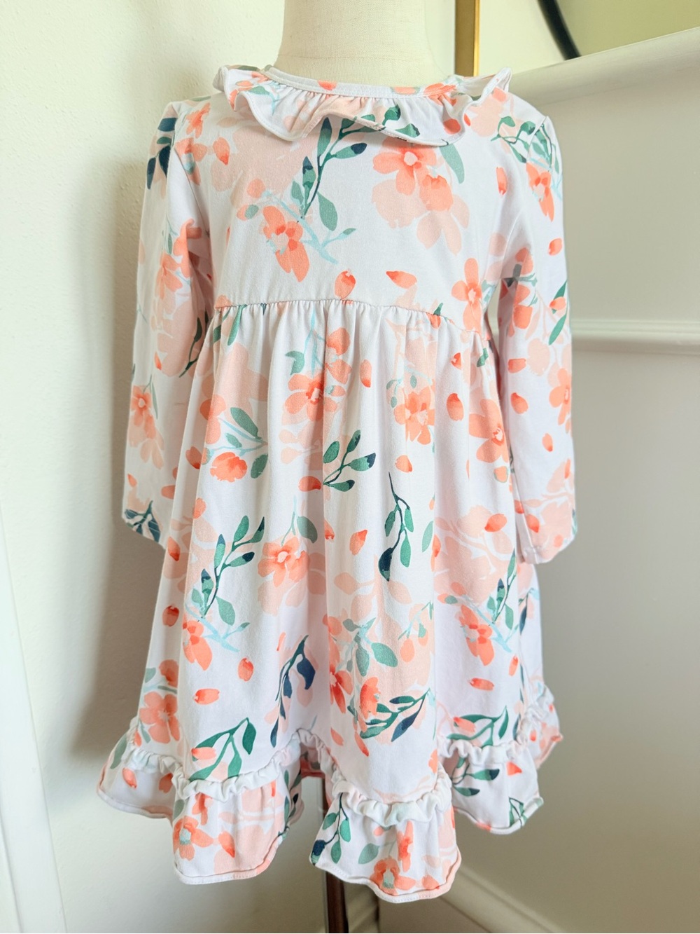 STITCHY-FISH Girls 3T Peach Floral Ruffle Collar Long Sleeve Dress